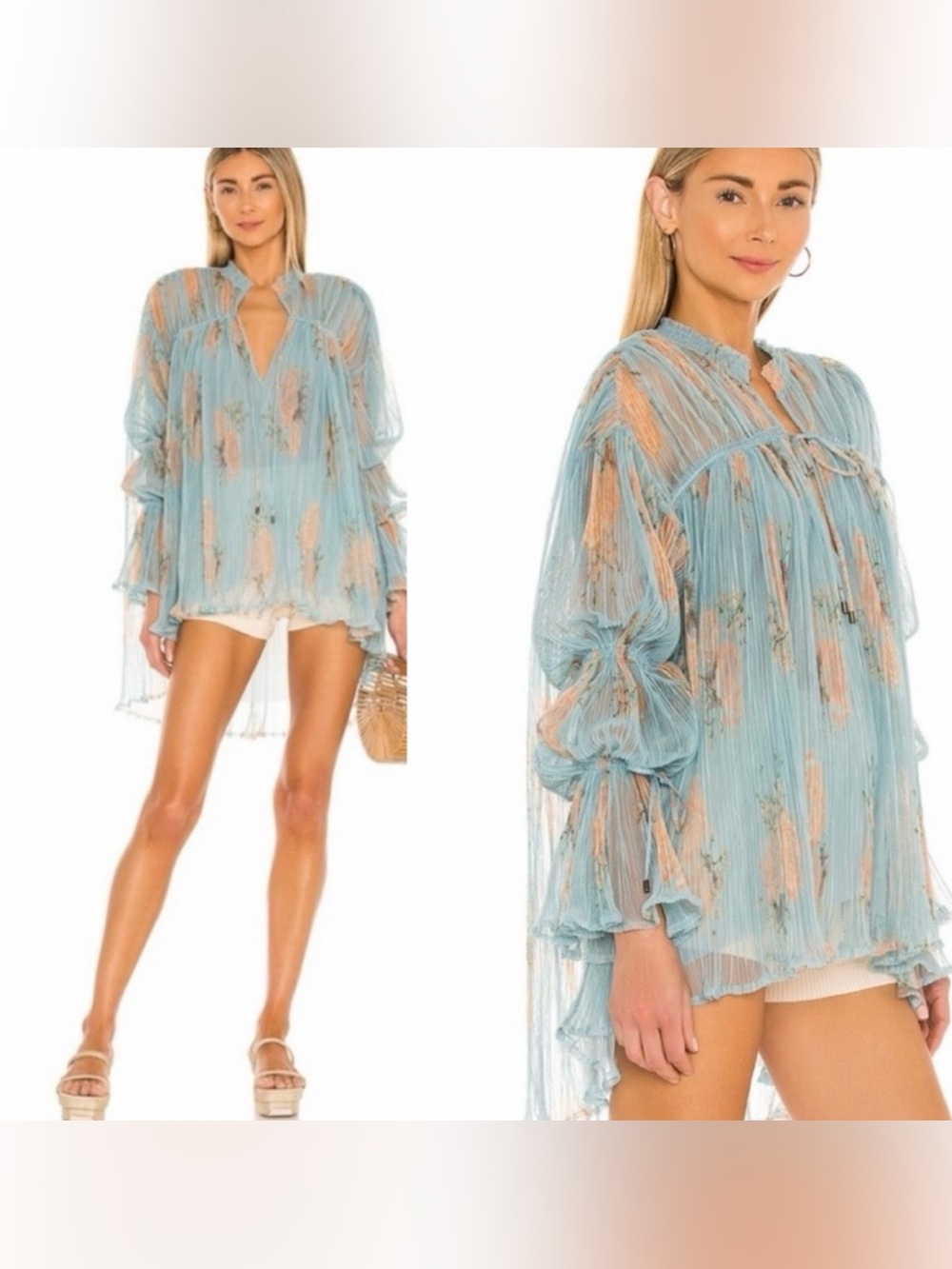Free People Dahlia Tunic Blouse Light Blue Floral Plisse Boho Top XS
